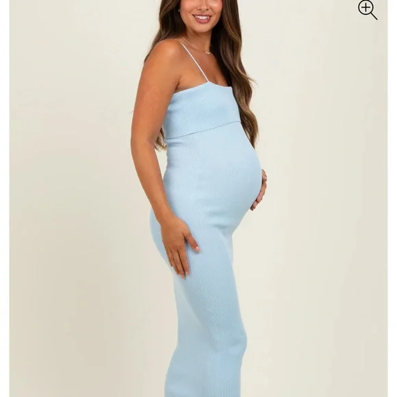 💙NWT Baby Blue Rib Knit Off Shoulder Maternity Midi Dress - Picture 5 of 9